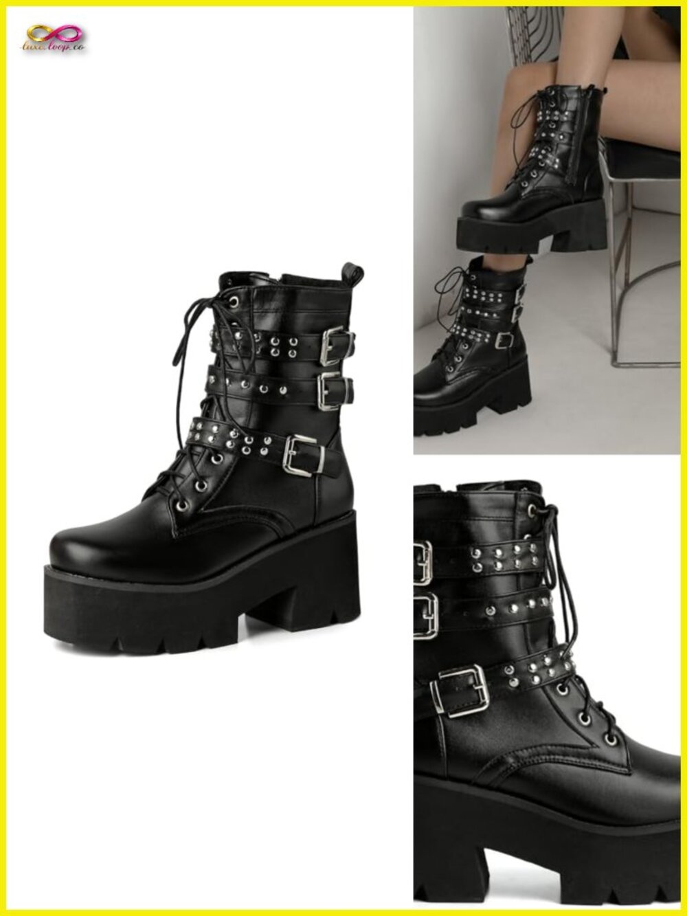 Goth Chunky Platform Ankle Boots Lace Up High Heel Motorcycle Boots Chain